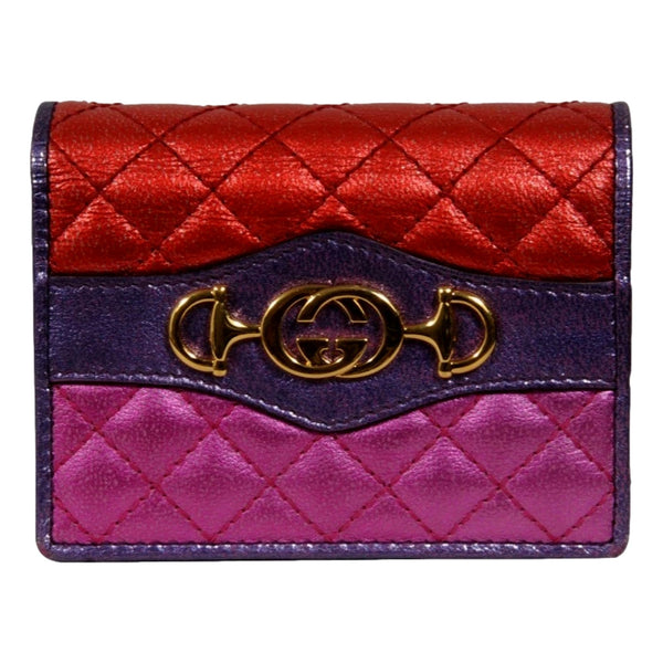 Gucci Zumi Nappa Trapunata Quilted Card Case Wallet Metallic Red Purple in Red, authentic pre-loved wallet, image 1