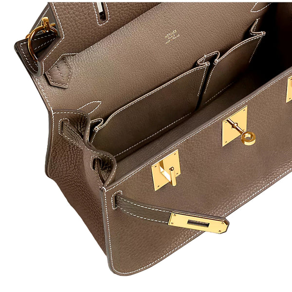 Hermes Taurillon Clemence Jypsiere 28 Etoupe Gold Hardware 2026 in Taupe, authentic new handbag, image 3