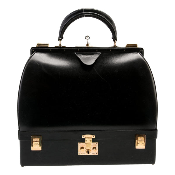Hermès vintage Sac Mallette vanity trunk top handle bag in black Box leather with gold-plated hardware, front view