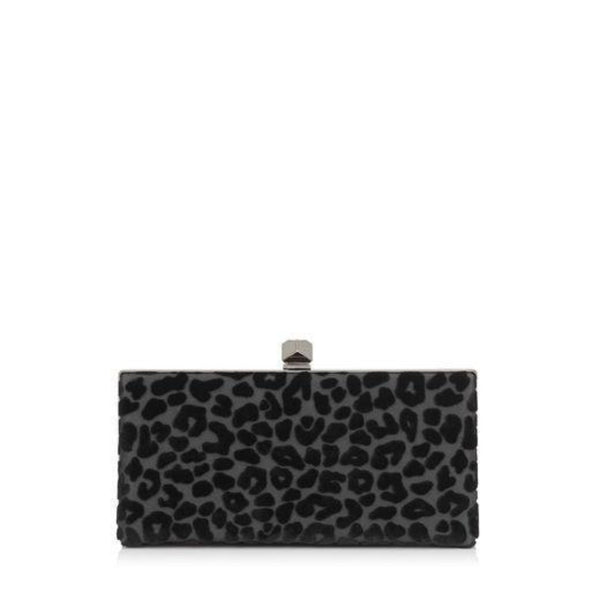 Jimmy Choo Celeste Black Devore Velvet Leopard Print Clutch Bag in Black with Leopard Print, authentic new handbag, image 1