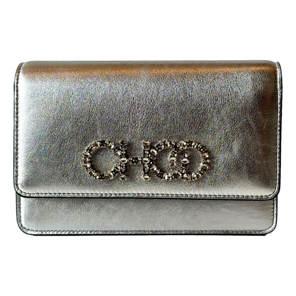 Jimmy Choo Kalina Metallic Silver Leather Crystal Logo Crossbody Clutch Bag in Silver, authentic new handbag, image 1