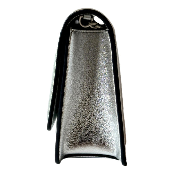 Jimmy Choo Kalina Metallic Silver Leather Crystal Logo Crossbody Clutch Bag in Silver, authentic new handbag, image 4