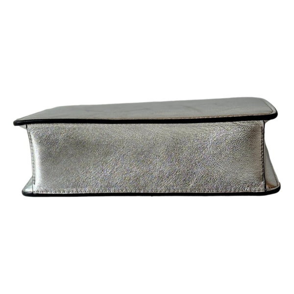 Jimmy Choo Kalina Metallic Silver Leather Crystal Logo Crossbody Clutch Bag in Silver, authentic new handbag, image 3