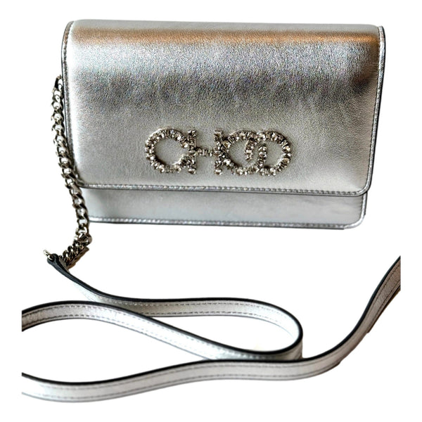 Jimmy Choo Kalina Metallic Silver Leather Crystal Logo Crossbody Clutch Bag in Silver, authentic new handbag, image 2