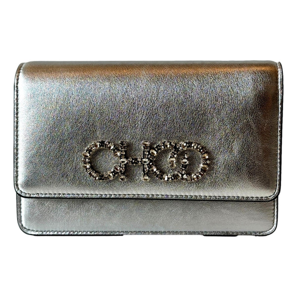 Jimmy Choo Kalina Metallic Silver Leather Crystal Logo Crossbody Clutch Bag in Silver, authentic new handbag, image 6