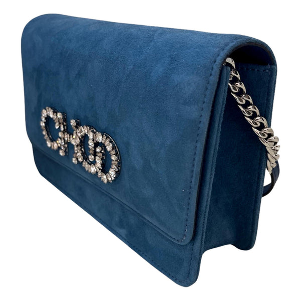 Jimmy Choo Kalina Parrot Blue Suede Crystal CHOO Chain Wallet in Parrot Blue, authentic new handbag, image 2