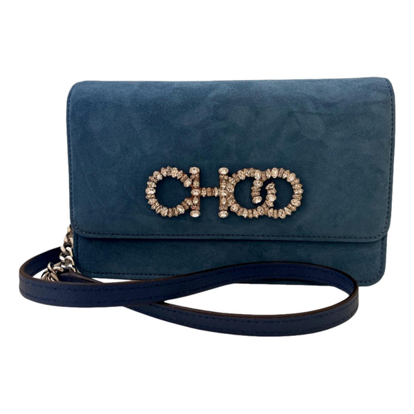 Jimmy Choo Kalina Parrot Blue Suede Crystal CHOO Chain Wallet in Parrot Blue, authentic new handbag, image 1