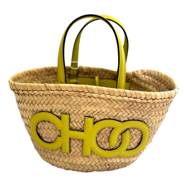 Jimmy Choo Raffia Tote Bag Citron Yellow Leather Trim Logo Crossbody Shopper – logo and identifying detail