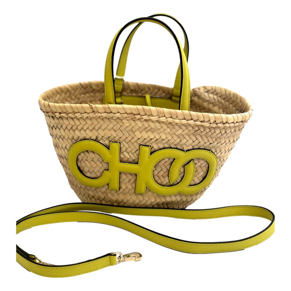 Jimmy Choo Raffia Tote Bag Citron Yellow Leather Trim Logo Crossbody Shopper – logo and identifying detail 5