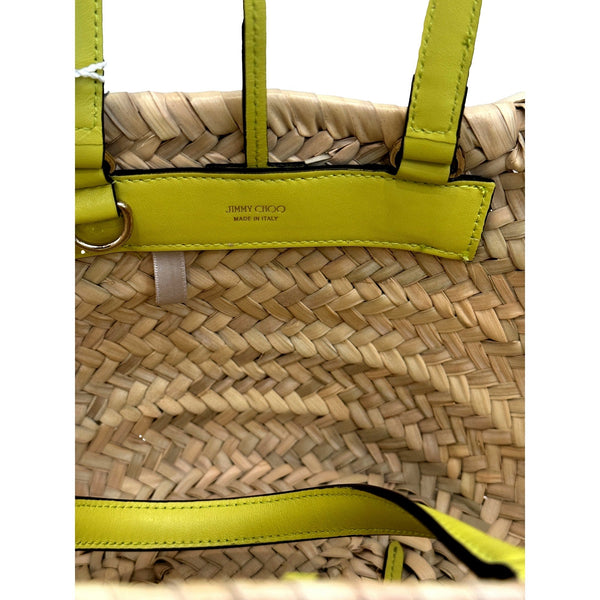 Jimmy Choo Raffia Tote Bag Citron Yellow Leather Trim Logo Crossbody Shopper – logo and identifying detail 4