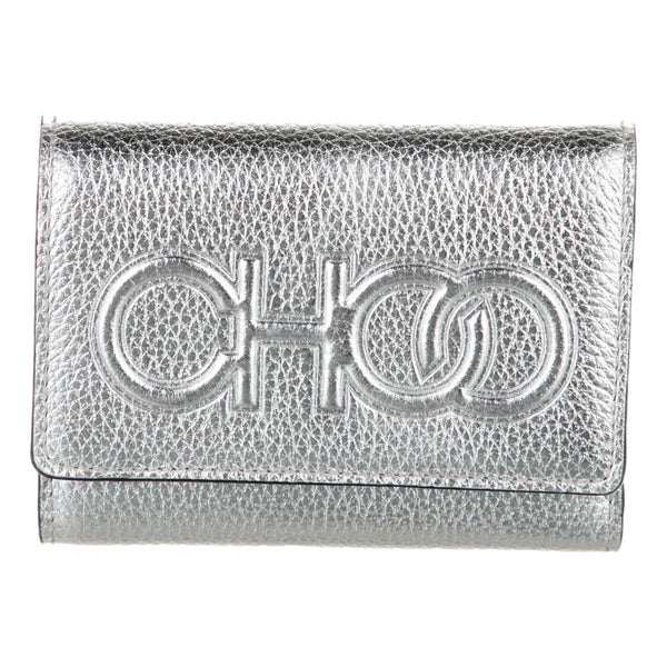Jimmy Choo Loni Silver Leather Embossed Logo Tri-Fold Card Case Wallet in Metallic Silver, authentic new wallet, image 1