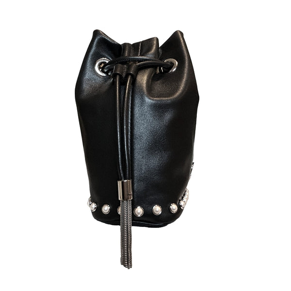 Jimmy Choo Marcheline Pearl Small Black Leather Bucket Crossbody Bag Chain Strap in Black, authentic new handbag, image 3