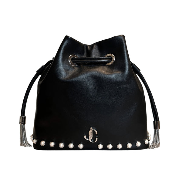 Jimmy Choo Marcheline Pearl Small Black Leather Bucket Crossbody Bag Chain Strap in Black, authentic new handbag, image 2
