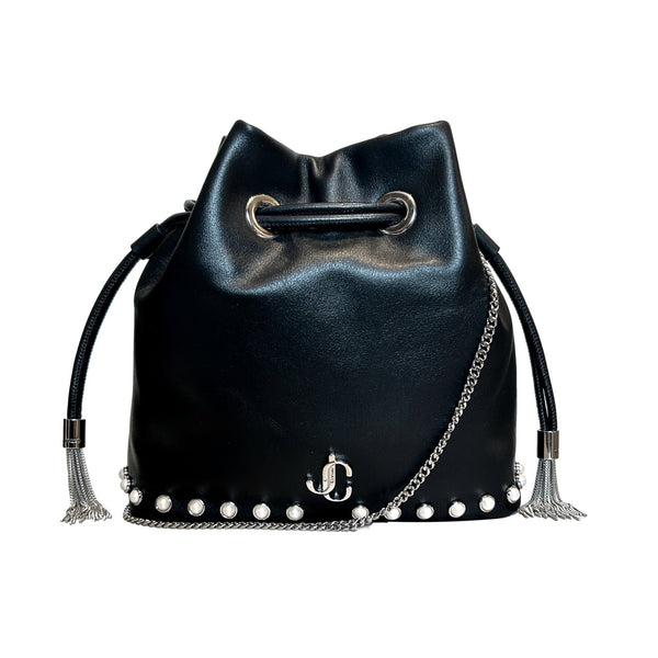 Jimmy Choo Marcheline Pearl Small Black Leather Bucket Crossbody Bag Chain Strap in Black, authentic new handbag, image 1