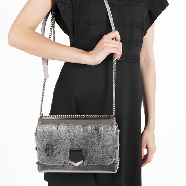 Jimmy Choo Lockett Metallic Silver Studded Leather Crossbody Bag in Metallic Silver, authentic new handbag, image 4