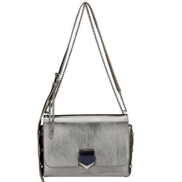 Jimmy Choo Lockett Metallic Silver Studded Leather Crossbody Bag in Metallic Silver, authentic new handbag, image 1