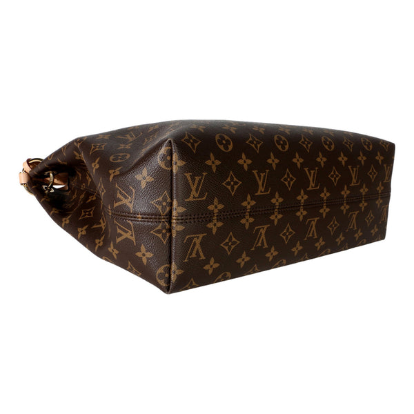 Close-up of the left base corner on the pre-loved Louis Vuitton Graceful MM Monogram bag