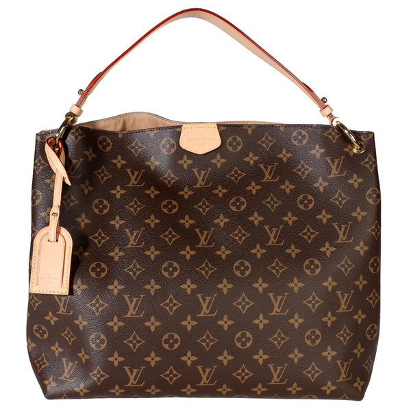 Louis Vuitton Graceful MM brown Monogram canvas shoulder bag with leather handle and luggage tag, front view