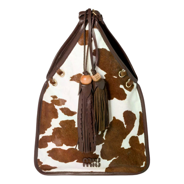 Miu Miu Brown Cow Print Suede Mini Handbag with Tassel Charms