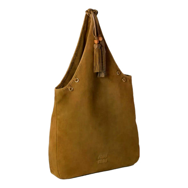 Miu Miu Suede Leather Tassel Tote Handbag Light Brown – product photo 2