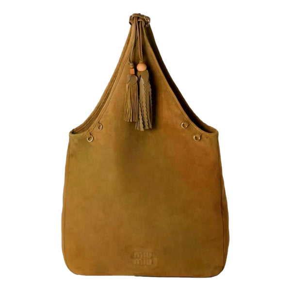 Miu Miu Suede Leather Tassel Tote Handbag Light Brown