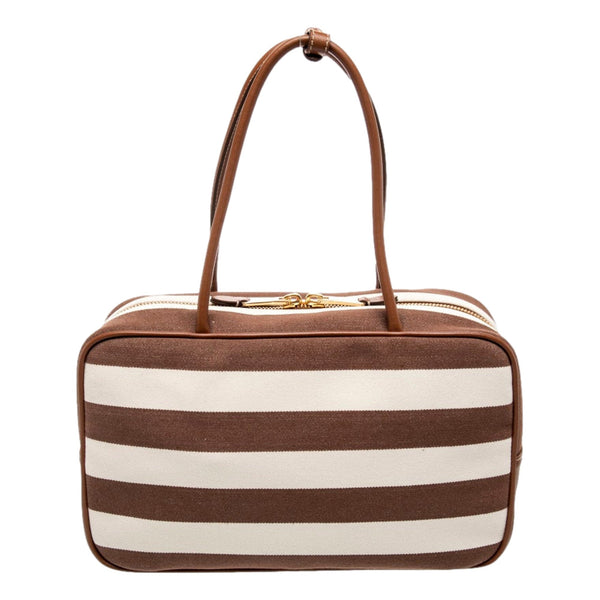 Miu Miu Brown White Striped Canvas Calfskin Large Beau Bag – back view