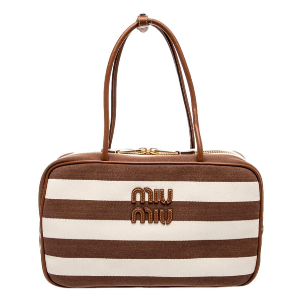 Miu Miu Brown White Striped Canvas Calfskin Large Beau Bag – front view