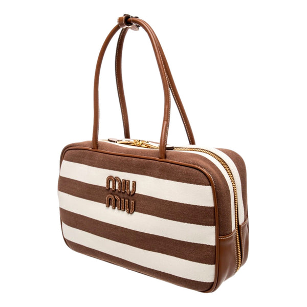 Miu Miu Brown White Striped Canvas Calfskin Large Beau Bag – product photo 3