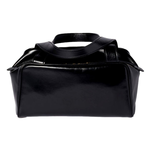Miu Miu black leather bowler bag with top zipper and smooth rear panel, back view