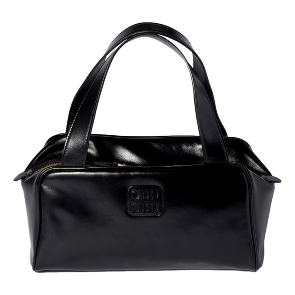 Miu Miu black leather top handle bowler bag with raised tonal logo, front view