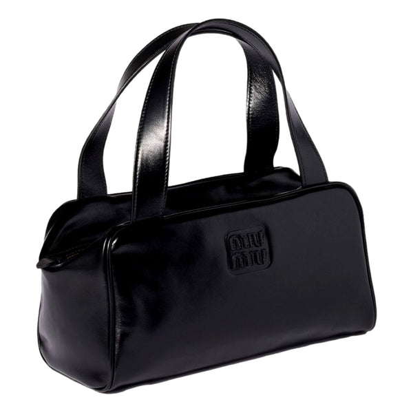 Miu Miu black leather bowler bag with dual stitched top handles, side view
