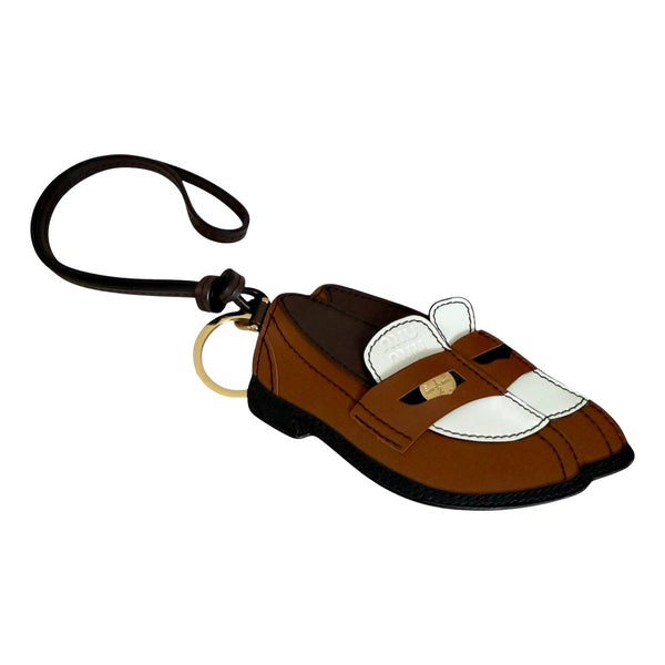 Miu Miu Penny Loafer Leather Bag Charm Brown and White – front view