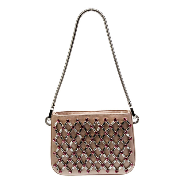 Miu Miu Sassy Crystal Embellished Powder Pink Satin Handbag in Powder Pink, authentic new handbag, image 1