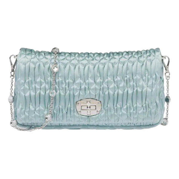 Miu Miu Satin Quilted Crystal Embellished Chain Crossbody Light Blue in Light Blue, authentic new handbag, image 4