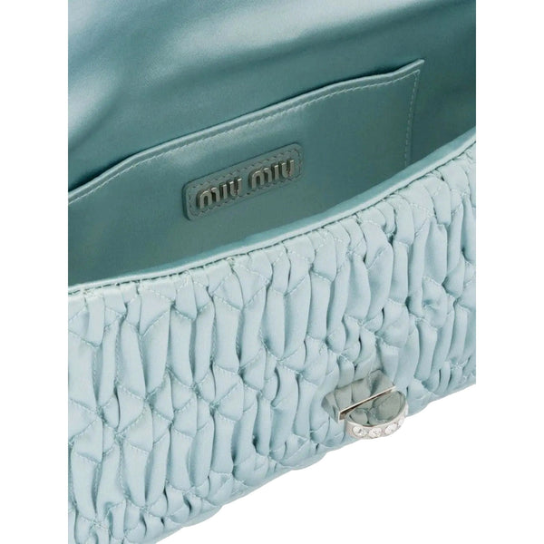 Miu Miu Satin Quilted Crystal Embellished Chain Crossbody Light Blue in Light Blue, authentic new handbag, image 3