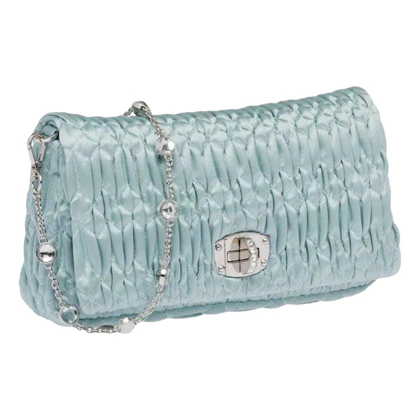 Miu Miu Satin Quilted Crystal Embellished Chain Crossbody Light Blue in Light Blue, authentic new handbag, image 2