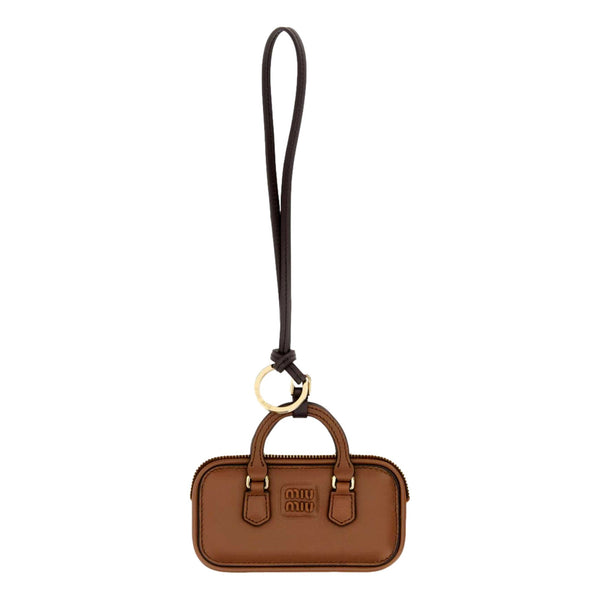 Miu Miu Arcadie Miniature Leather Bag Charm Brown Gold Hardware Zip Closure in Cognac Brown, authentic new keychain, image 1