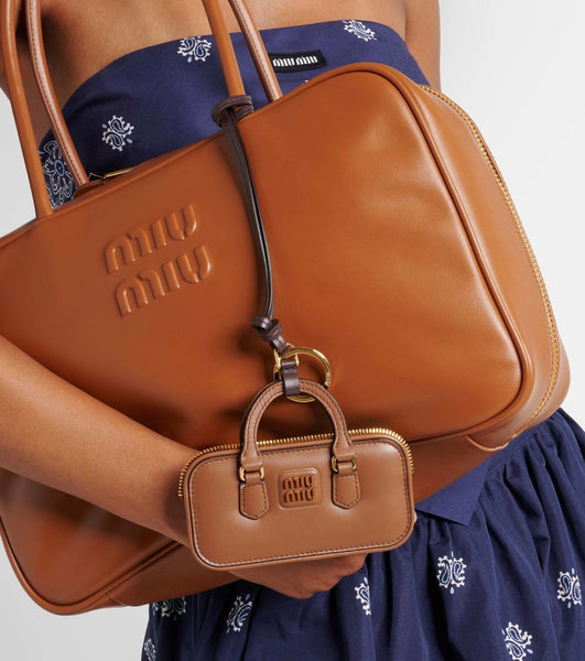 Miu Miu Arcadie Miniature Leather Bag Charm Brown Gold Hardware Zip Closure in Cognac Brown, authentic new keychain, image 4