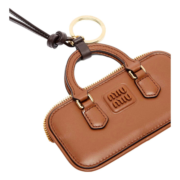 Miu Miu Arcadie Miniature Leather Bag Charm Brown Gold Hardware Zip Closure in Cognac Brown, authentic new keychain, image 3