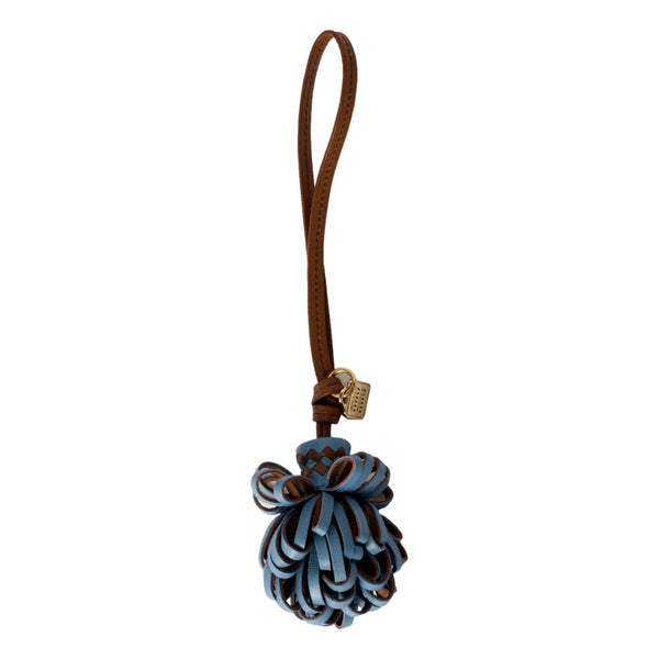 Miu Miu Trick Nappa Leather Pompom Bag Charm in Blue and Brown with Gold Hardware – front view