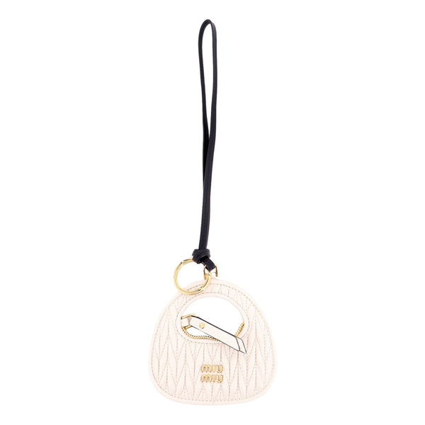Miu Miu Wander Quilted Matelasse Leather Bag Charm in White in White, authentic new keychain, image 1