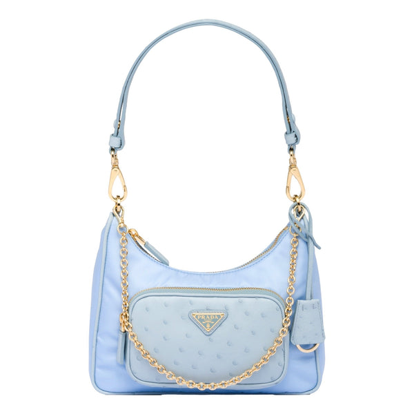 Prada 2Way Tessuto Nylon and Ostrich Leather Shoulder Handbag in Cielo Blue in Cielo Blue, authentic new handbag, image 1