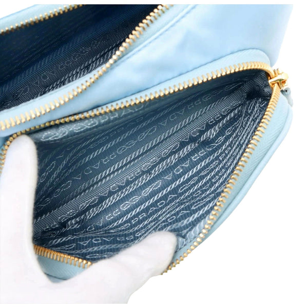 Prada 2Way Tessuto Nylon and Ostrich Leather Shoulder Handbag in Cielo Blue in Cielo Blue, authentic new handbag, image 7