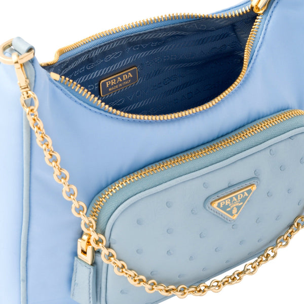 Prada 2Way Tessuto Nylon and Ostrich Leather Shoulder Handbag in Cielo Blue in Cielo Blue, authentic new handbag, image 5