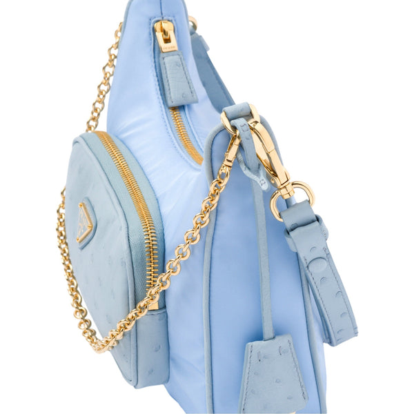 Prada 2Way Tessuto Nylon and Ostrich Leather Shoulder Handbag in Cielo Blue in Cielo Blue, authentic new handbag, image 4