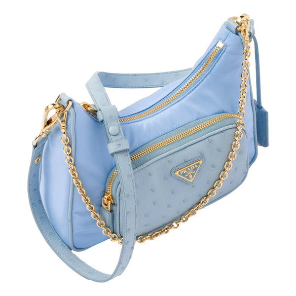 Prada 2Way Tessuto Nylon and Ostrich Leather Shoulder Handbag in Cielo Blue in Cielo Blue, authentic new handbag, image 3