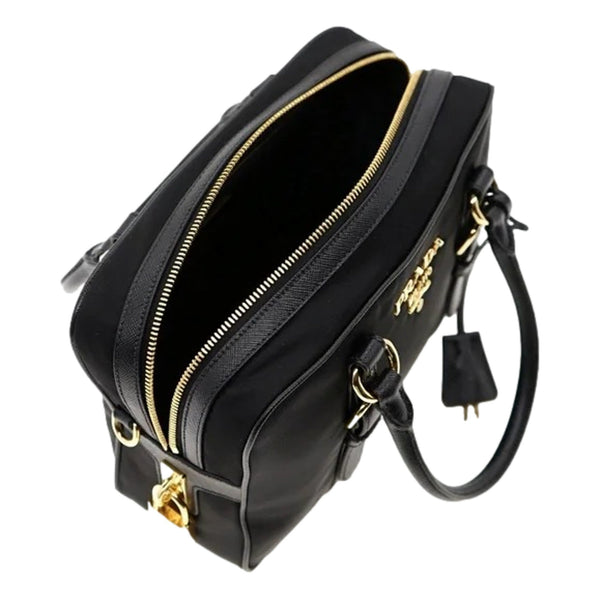Prada Bauletto Tessuto Nylon Saffiano Black Satchel Bag Gold Lock in Black, authentic new handbag, image 5
