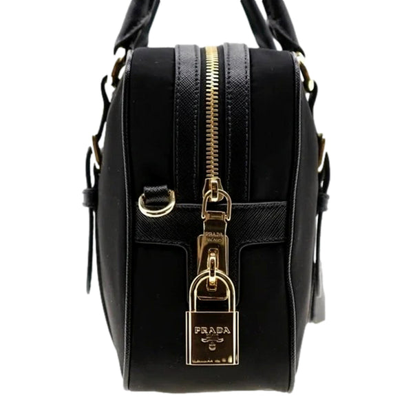 Prada Bauletto Tessuto Nylon Saffiano Black Satchel Bag Gold Lock in Black, authentic new handbag, image 4