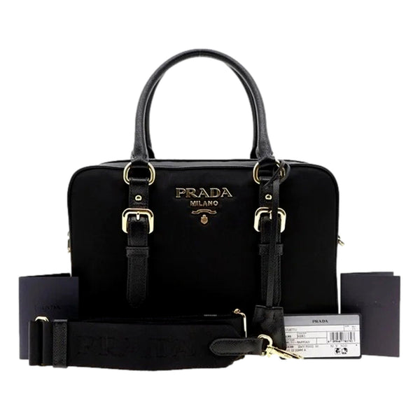 Prada Bauletto Tessuto Nylon Saffiano Black Satchel Bag Gold Lock in Black, authentic new handbag, image 7