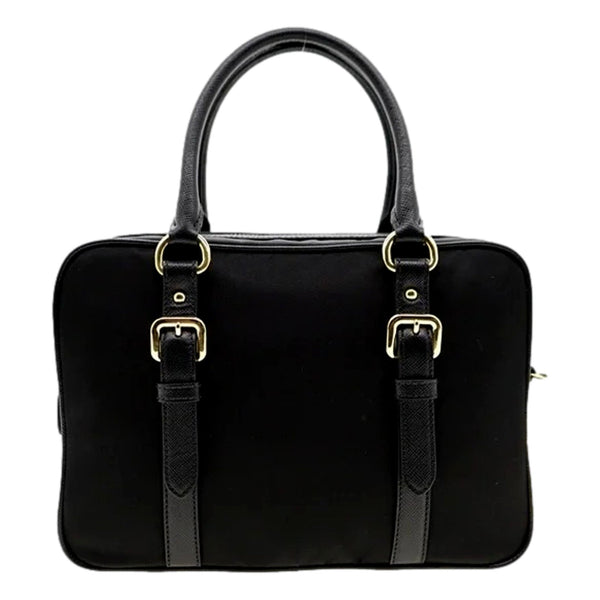 Prada Bauletto Tessuto Nylon Saffiano Black Satchel Bag Gold Lock in Black, authentic new handbag, image 3